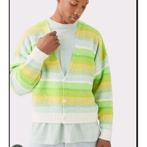 Boohoo Man Striped Cardigan Eclectic Grandpa Lime Green Yellow Boxy Brushed Sz L